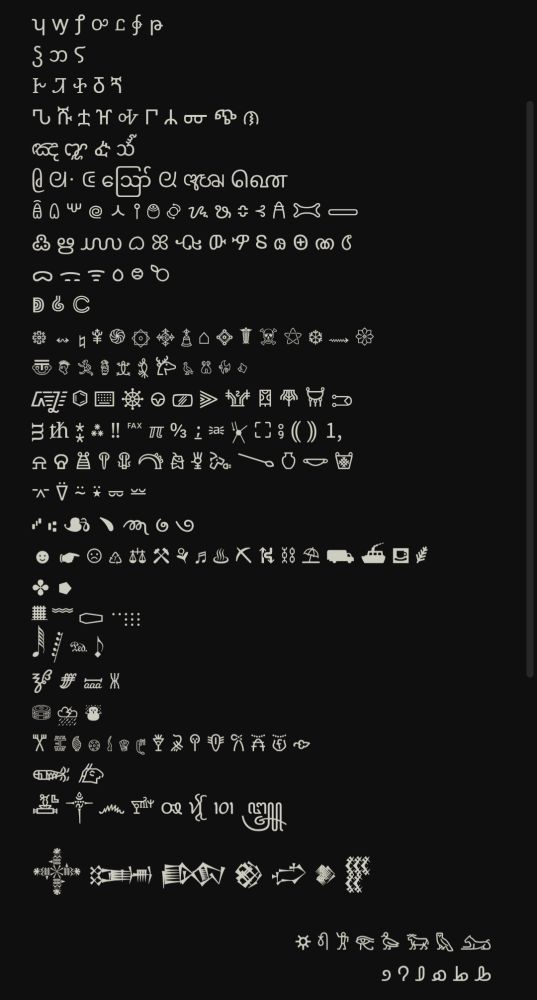An assortment of glyphs in a note in my notes app, roughly categorised by vibe. Some are aesthetically pleasing, some are mildly amusing, some are completely cursed.

I can't imagine a screen reader would be able to interpret these characters so I have omitted them from the alt text; I shall post them as a reply under this post though.