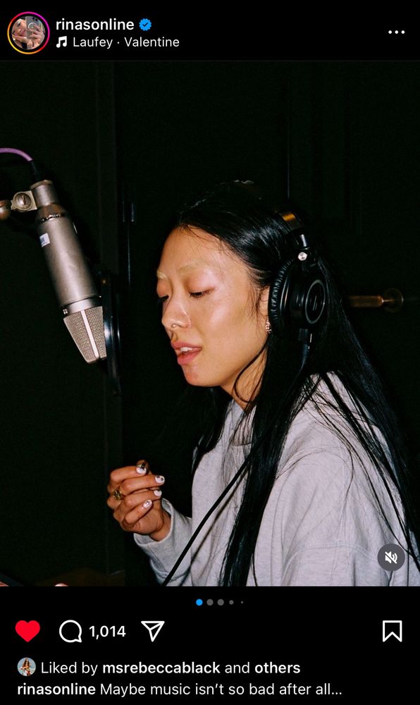 Musician, Rina Sawayama, posts a photo dump on instagram with the caption, “Maybe music isn’t so bad after all.” The photo shows her back in the studio.
