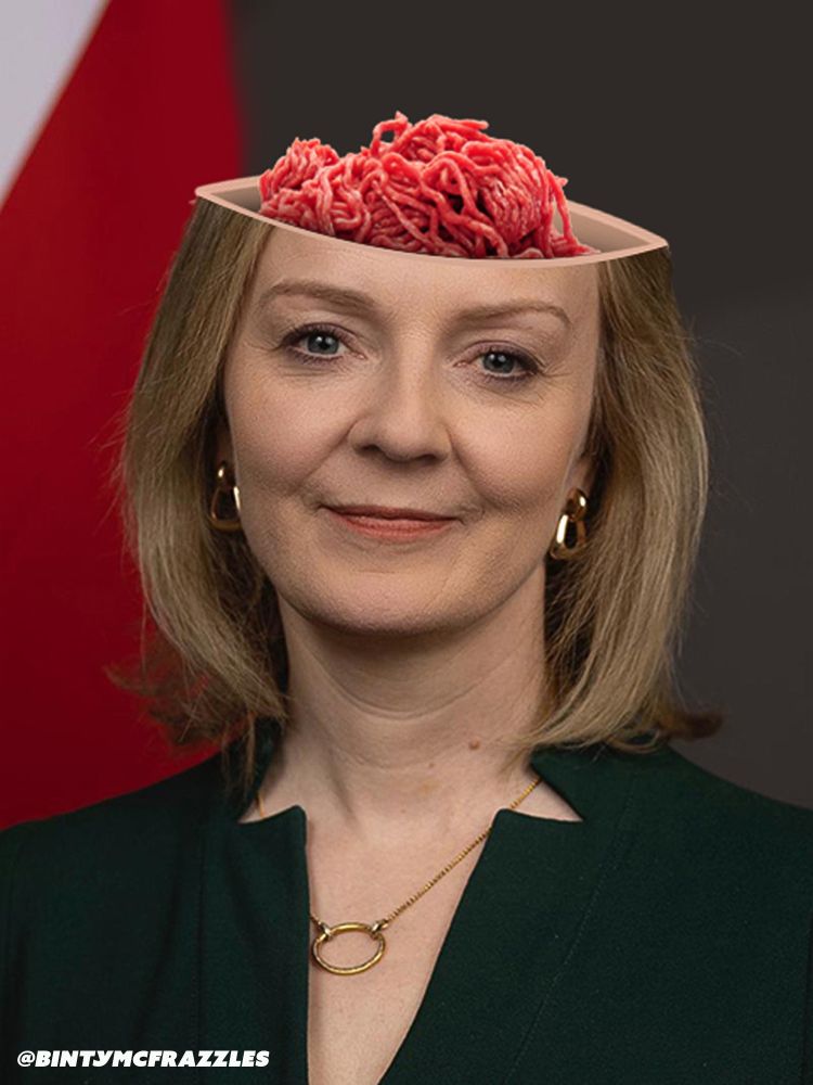 Liz Truss, black top. Dumb expression. Top of head off, brain replaced by mince. 