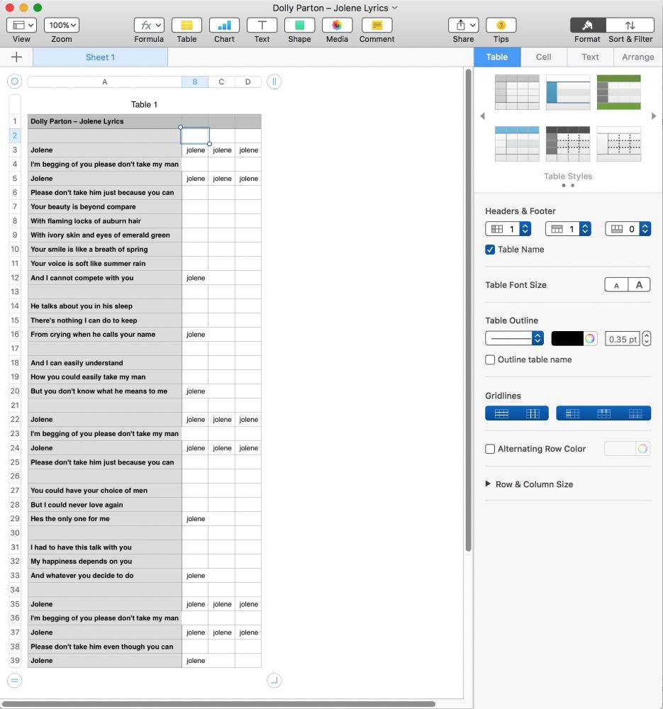 Jolene by Dolly Parton, parsed as a csv file by Numbers.app