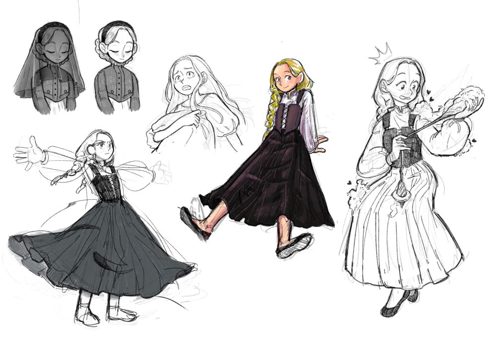 Sketches of Sandraline Fa Toren, a pale young girl wearing her blonde hair in in two large braids. In one pose, she has her arms fiercely outstretched, protecting something. In another she is crying out in bed, having just woken up and a nightmare. In the rightmost pose, she is weaving thread with a drop spindle, while the cotton fibers she is using have come alive and attached themselves to her.
