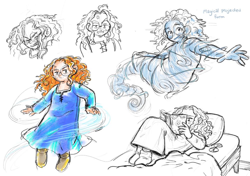 Sketches of Trisana Chandler, a short chubby girl with curly red hair! In one pose she is depicted as a wind spirit, and in another she is reading a book on her bed