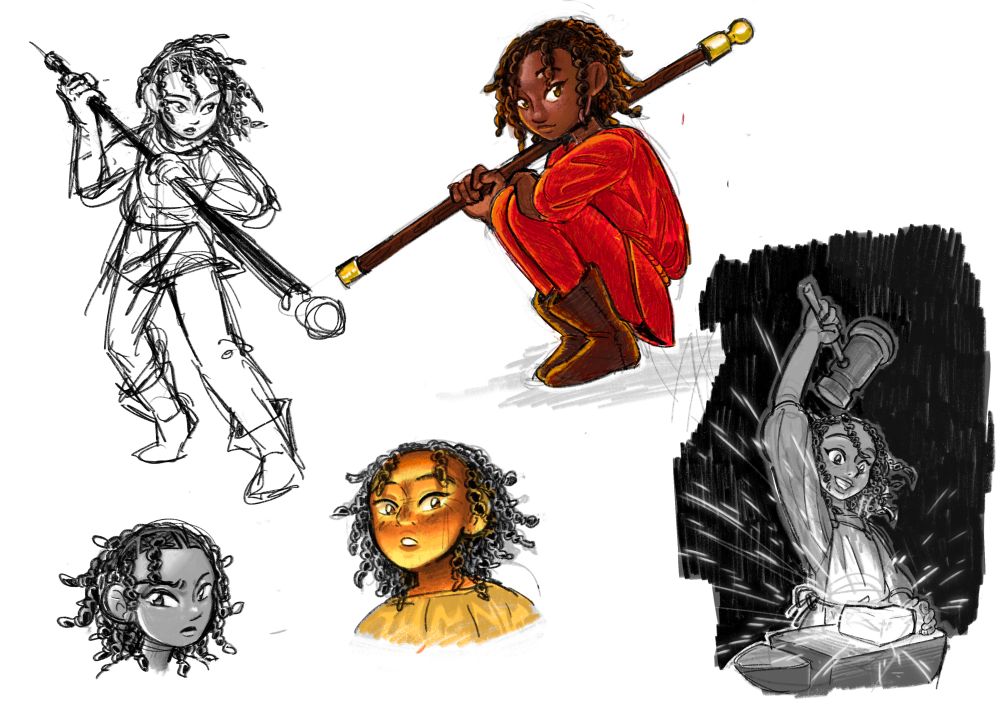 Sketches of Daja Kisubo, a young black girl wearing her hair in short braids. She carries a dark wooden staff tipped with brass in one pose, in another she is shown hammering a piece of glowing metal
