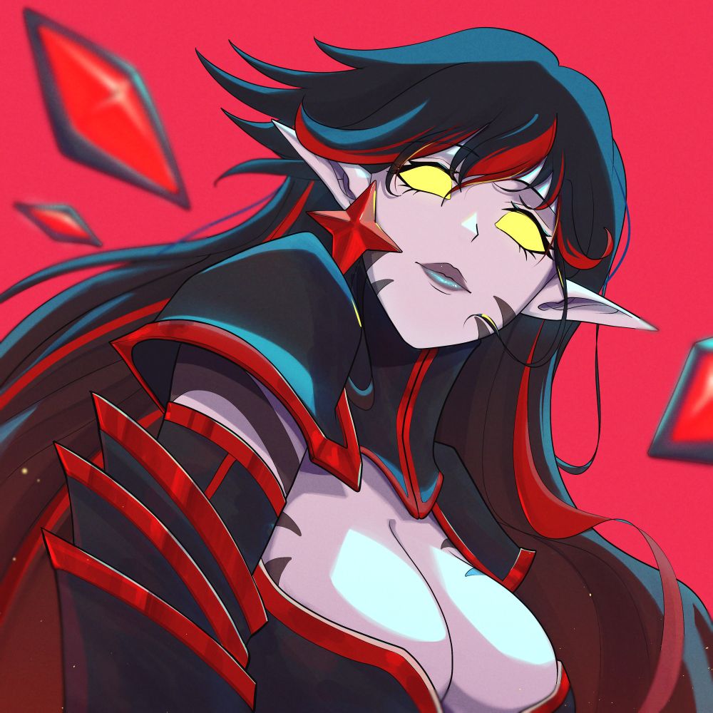 An illustration of a woman with lavender skin, elven ears, and a sci-fi theme.  The artist of this illustration is DannryuDan!