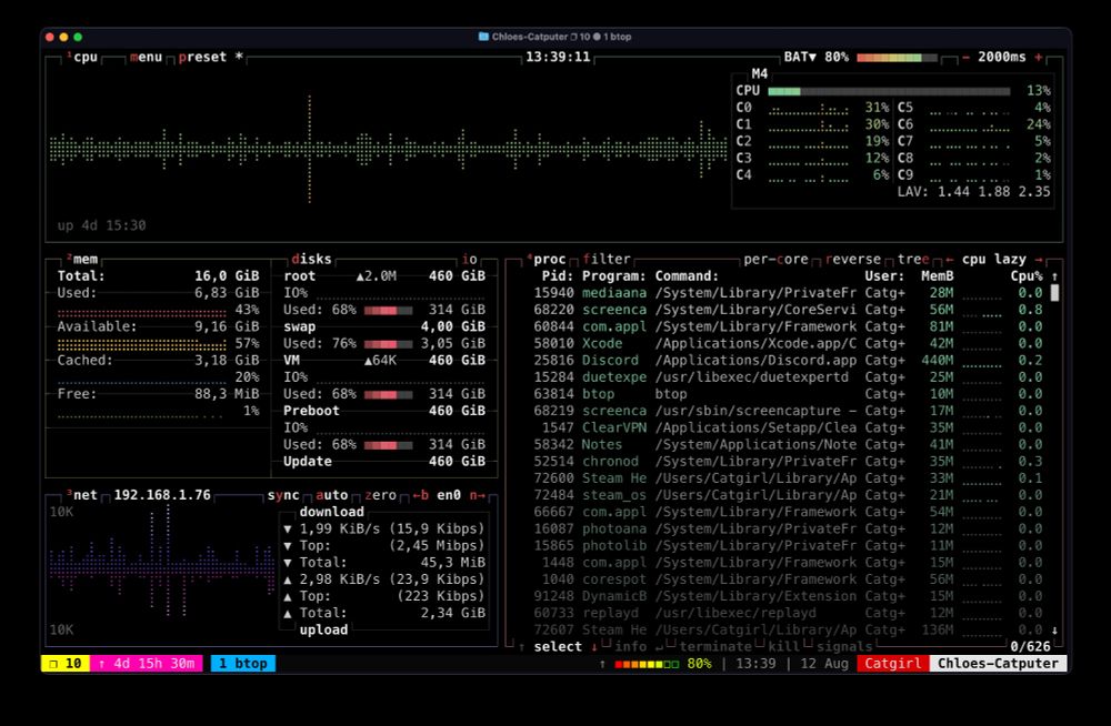 screenshot of btop running in ghostty on my macbook air