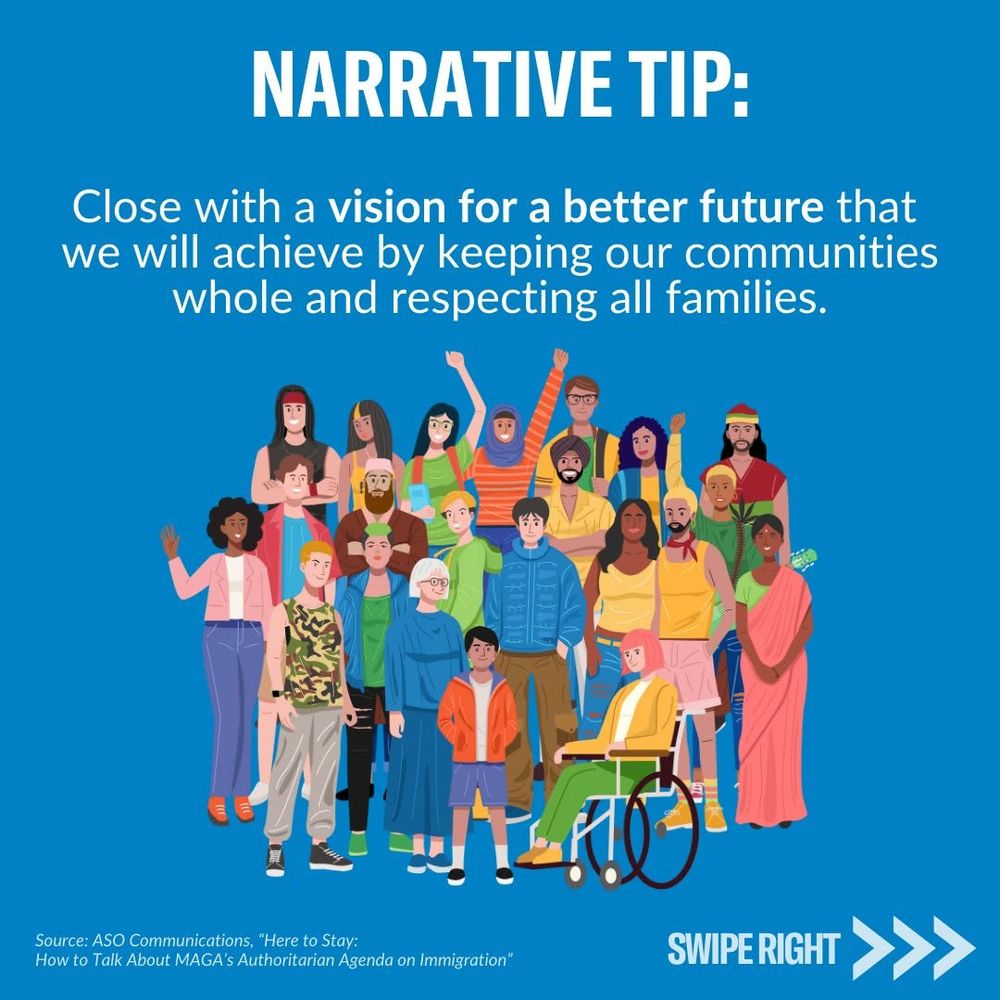 Text reads: “Narrative Tip: Close with a vision for a better future that we will achieve by keeping our communities whole and respecting all families.” An illustration of a large, diverse group of people stands below, including individuals in wheelchairs, wearing cultural clothing, and of varying ages and skin tones.
