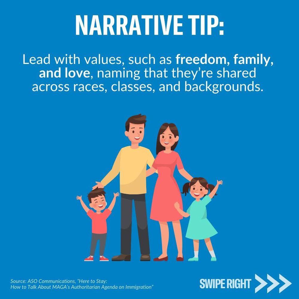 Text reads: “Narrative Tip: Lead with values, such as freedom, family, and love, naming that they’re shared across races, classes, and backgrounds.” Below the text is an illustration of a smiling family of four: a father, mother, son, and daughter.