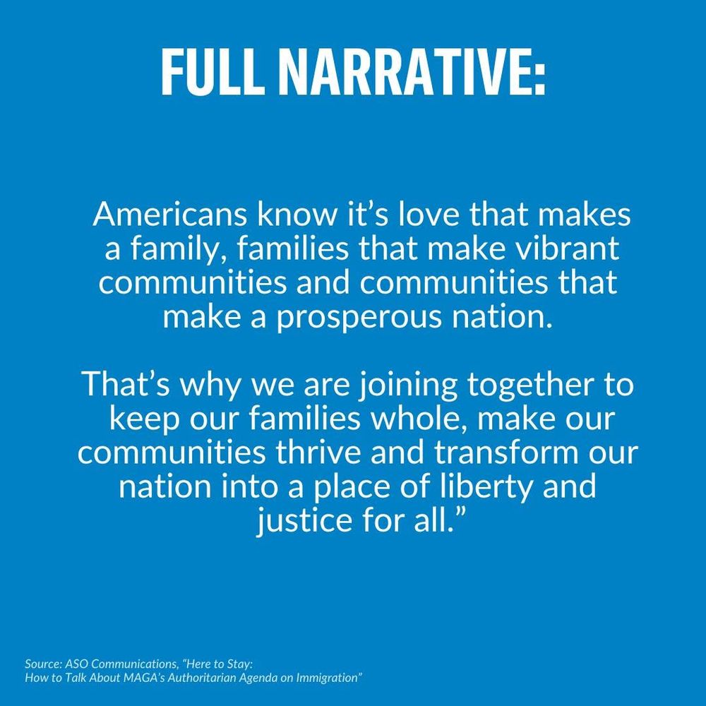 Another “Full Narrative” slide. Text reads:
“Americans know it’s love that makes a family, families that make vibrant communities and communities that make a prosperous nation.
That’s why we are joining together to keep our families whole, make our communities thrive and transform our nation into a place of liberty and justice for all.”