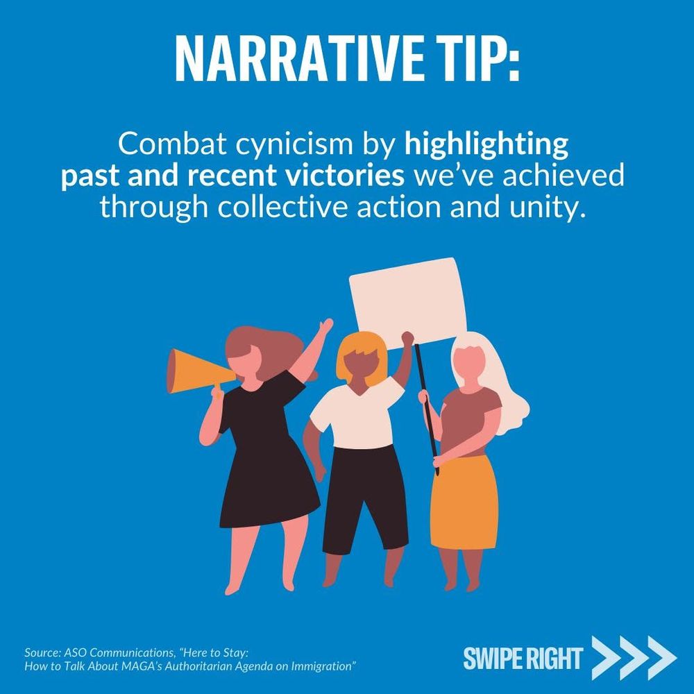 Text reads: “Narrative Tip: Combat cynicism by highlighting past and recent victories we’ve achieved through collective action and unity.” Below the text is an illustration of three women raising their hands and protest signs. One holds a megaphone.