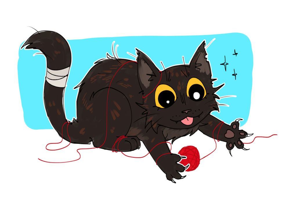 dark-tortoiseshell cat playing with red yarn ball, the yarn tangles around its body and paws. the cat's tail is wrapped in bandages and its tongue is sticking out playfully.