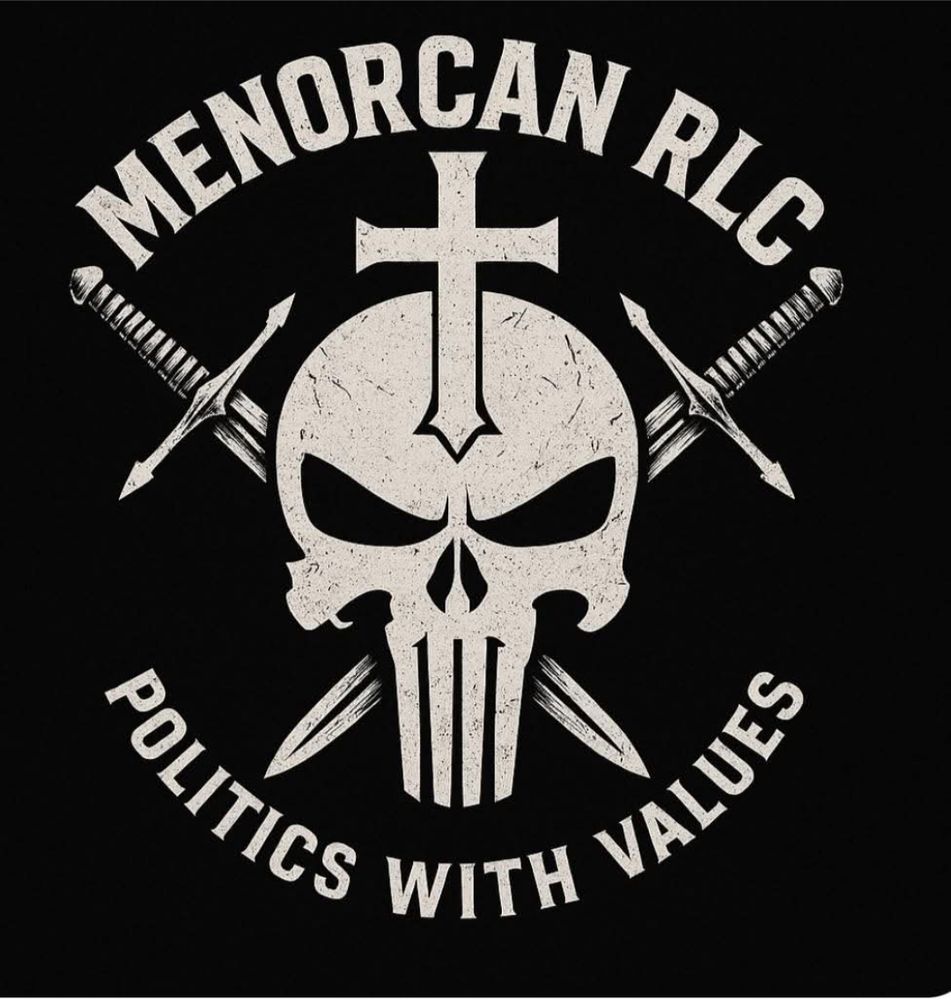 Logo of the Menorcan RLC with the Punisher Skull, a cross, two swords, and the phrase "Politics with values"