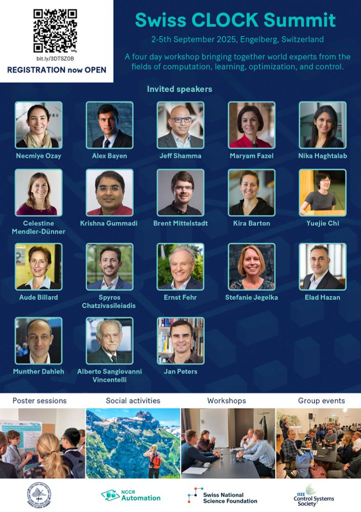 Flyer for the Swiss CLOCK Summit. 2-5th September 2025 in Engelberg, switzerland. A four day workshop bring together experts from the fields of computation, learning, optimization and control with invited speakers, posters, social activities, workshops and group events.