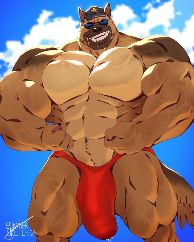 Stan, a macro German Shepherd is flexing his muscles in a most muscular pose, wearing tight posing trunks with a clear outline of his peen, dripping some pre. Wearing sunglasses, his cap and huge muscles expose in the summer sun. 
