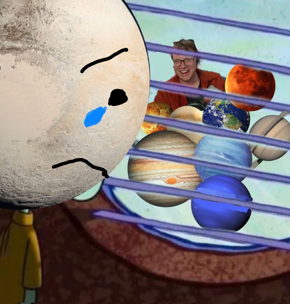 The SpongeBob meme template of Squidward looking out the window and seeing SpongeBob and Patrick having fun.

On Squidward's face is Pluto with a sad face drawn on. Outside the window is Hank with Mercury, Venus, Earth, Mars, Jupiter, Saturn, Uranus, Neptune 