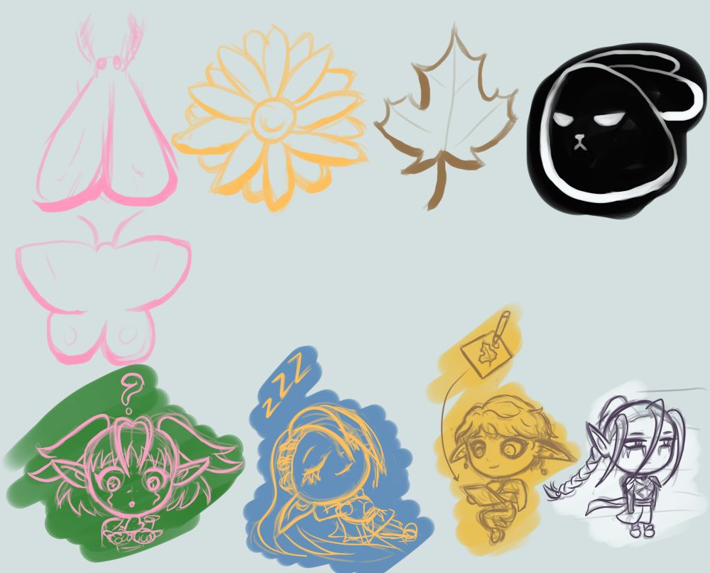 Some little sketches I made of chibi eladrin sisters and icons representing them
