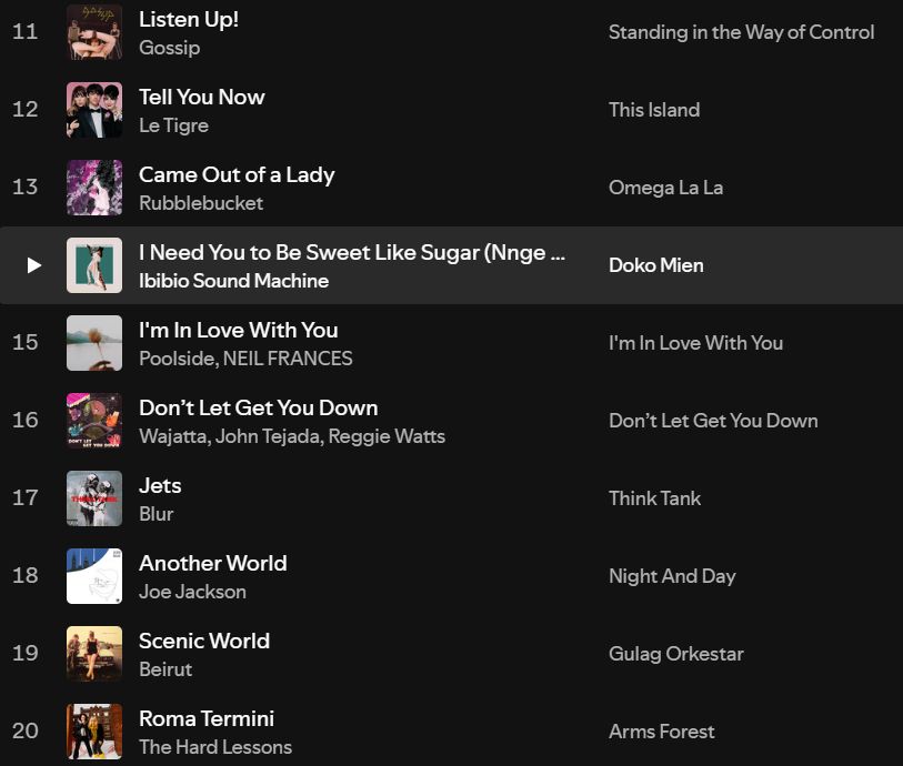 10 more songs from a playlist I curated on spotify featuring Beirut, Joe Jackson, Rubblebucket, Blur, and more. 