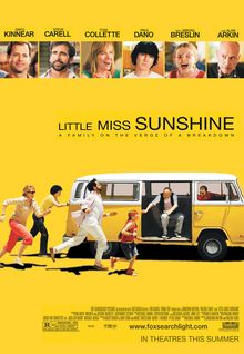 Movie poster, Little Miss Sunshine. Characters running to catch a yellow van on a yellow background.