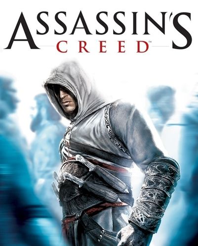 Capa do jogo Assassins'creed de 2007. Mostra um homem com capuz e roupas brancas com cara de bandido, supostamente passando despercebido em uma multidão