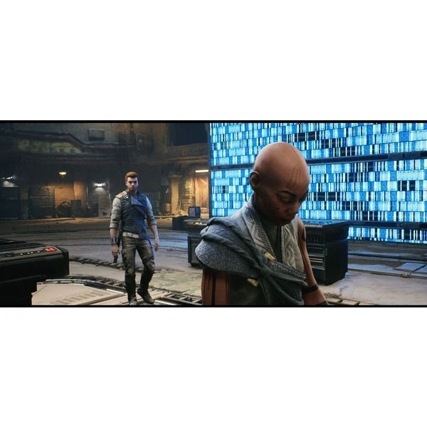 Cena do jogo Jedi Survival que mostra o protagonista, Cal, se aproximando de sua antiga mentora, Cere. Ele é um jovem branco e ruivo e ela é uma mulher negra e careca.