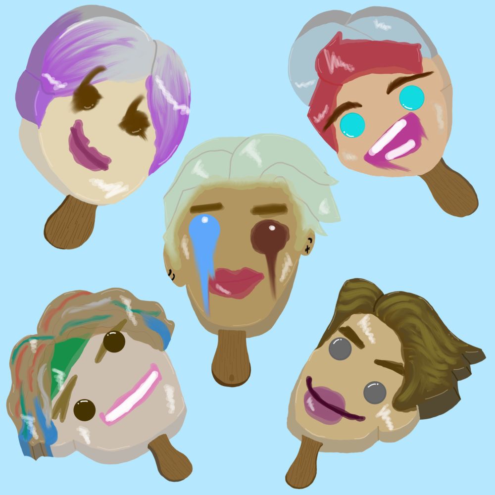 The shinee members as those fucked up cartoon character popsicles. Taemin is looking down and right, Jinki is looking down and left, Kibum is looking up and right, Minho is looking up and left, and Jonghyun is in the middle directly facing the camera. They all have their view era hair. They have lopsided gumball eyes, running dye, and the different colors of ice cream that make up their facial features and hair are smudging into their faces. 