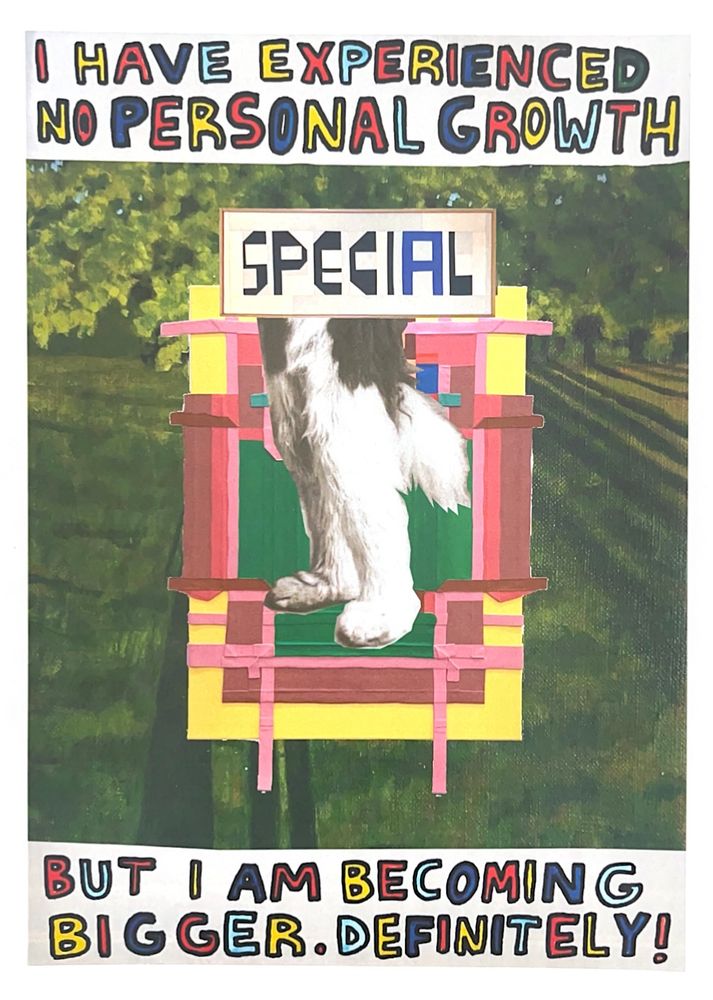 Collage including the legs of an anthropomorphic dog panto costume, a quilt that says “SPECIAL”, a green, red, pink, and yellow painting, on top of a painted green forest backdrop, with colorful letters on the top and bottom reading “I HAVE EXPERIENCED NO PERSONAL GROWTH / BUT I AM BECOMING BIGGER. DEFINITELY!l”