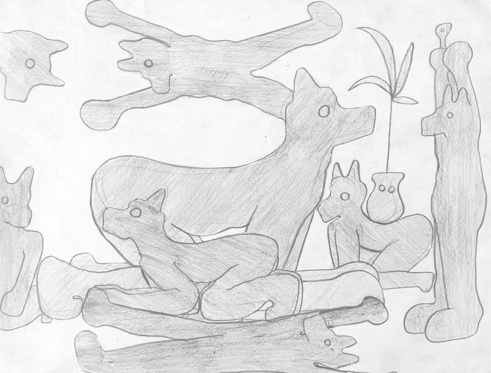 A living room scene, including a couch, table, rug, two side tables, two pictures, a plant, and a lamp, with all objects rendered as anthropormorphic animal people silhouettes in single tone graphite.