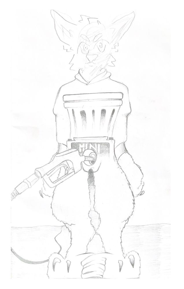Pencil drawing of an anthropomorphic canine wearing a hoodie, with a Greek column-like torso, blending into an LED sign/fuel pump gradient crotch, and large furry hands and legs. A gas pump enters the figure’s crotch, and extends into the flat horizon. Their face is a rough draft. 