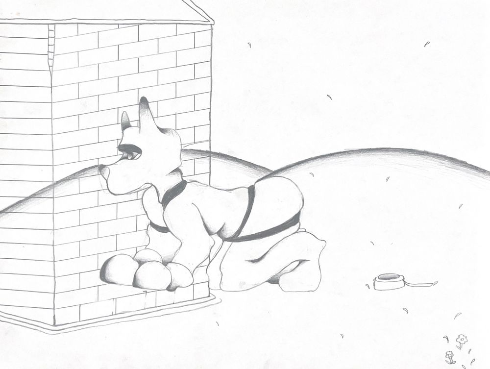 Pencil drawing of an anthropomorphic pup on all fours in fluid lines, harness, hood, and paws blending with body, in front of a background of hills and the overlayed image of the corner of a brick house. A vaguely collar-bowl-like object sits to the side, and small blades of grass sprinkle the ground and sky.