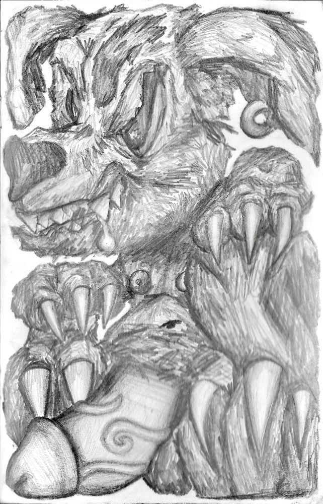 A pencil drawing of an ear-pierced canine monster snarling, genitals out, highlighting Art Nouveau-esque veins.
