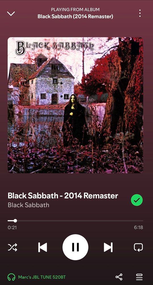 A screenshot of Black Sabbath's "Black Sabbath" from the album Black Sabbath playing in the Spotify app.