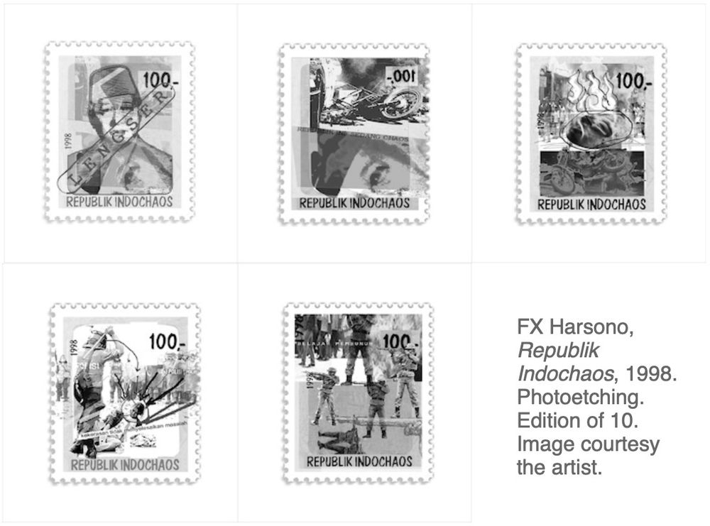 Five pseudo postage stamps depicting scenes of violence during the oppressive Suharto presidency; each looks like a credible stamp, complete with perforations; but there is no colour, just greyscale
