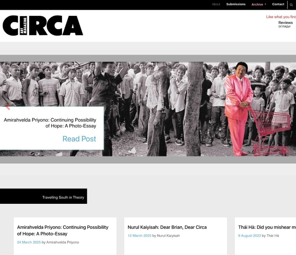 Screengrab from the Home page of Circa website; the central image is taken from Priyono’s text; it depicts a deeply disturbing crowd scene, one with also features Manit Sriwanichpoom’s ‘Pink Man’