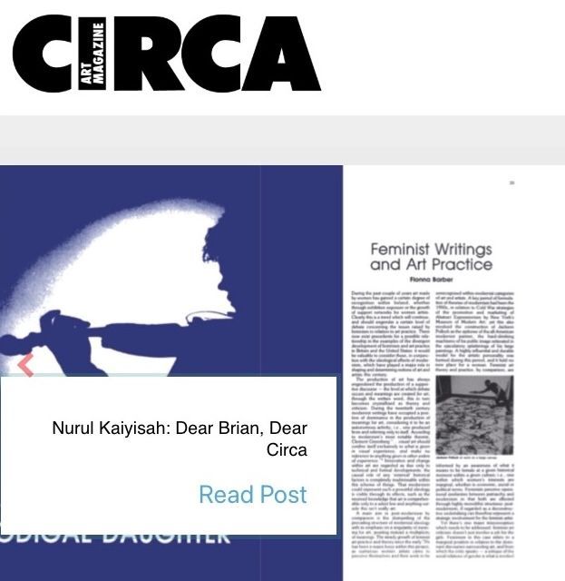 Screengrab from the Circa site, showing images from the Kaiyisah article – the shadow of a fiddle player in dark purple, and the first page of ‘Feminist Writings and Art Practice’, an article by Fionna Barber in Circa.