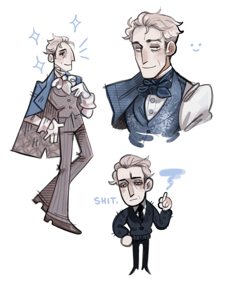 Three iPad drawings of a stage magician in various states of dress/costume. He appears like a middle-aged dandy in the 1960s.