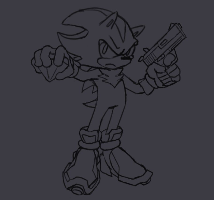 sketch of shadow the hedgehog holding gun and emerald