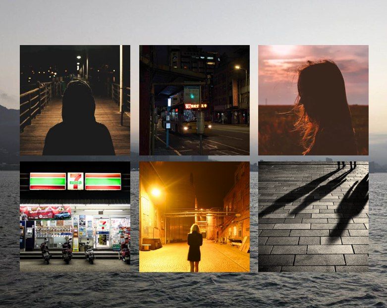 A series of six photos set against the backdrop of the ocean at dusk. Top row, from left to right: The backview of a hooded figure at a boardwalk, with a sole streetlamp lighting the path; a bus arriving at a bus-stand at night; the silhouette of a woman's side profile lit by a dusky sky. Second row, left to right: A 7-Eleven storefront at night; a woman with blond hair clad in a black dress standing outside a warehouse at night, with the flare of a streetlamp on the top left hand corner of the photo; three shadows stretched across a pavement at night.