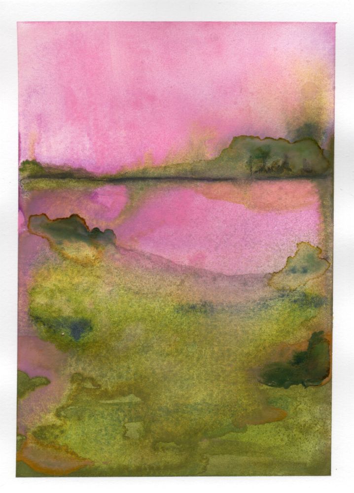 abstract watercolor landscape with green trees and foreground and pink water and sky