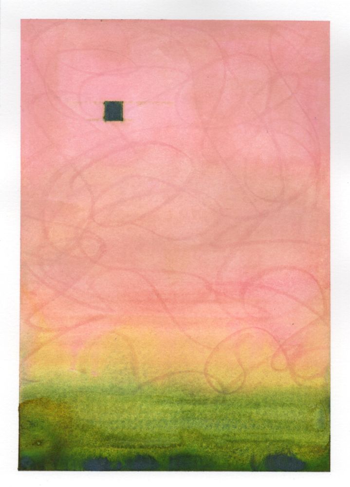 pink and green abstract watercolor with faint lines and a tiny green square

