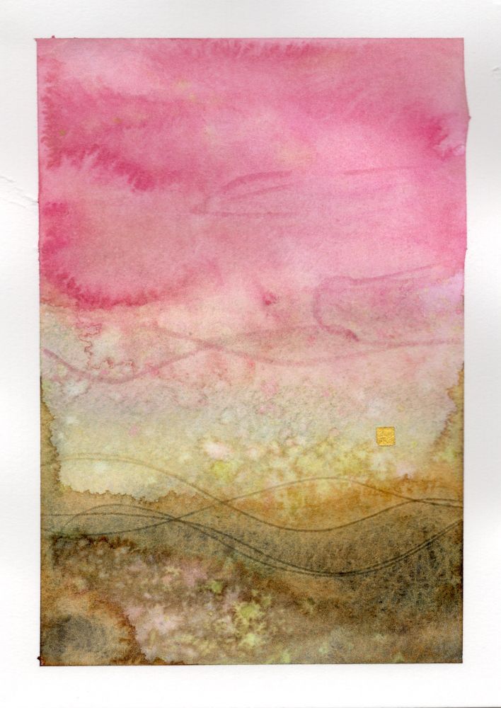 mixed media abstract painting - greens, browns, and pinks - with a tiny square of metallic gold