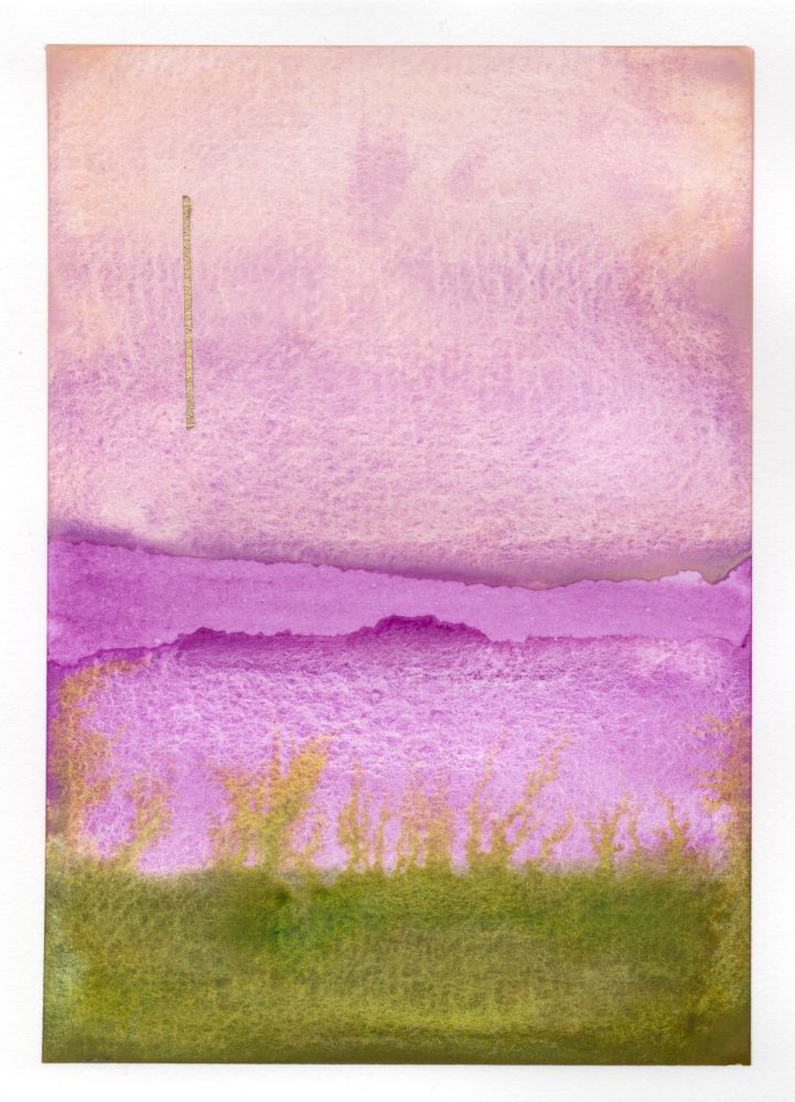 purple-ish pink/ green/ golden abstract watercolor painting