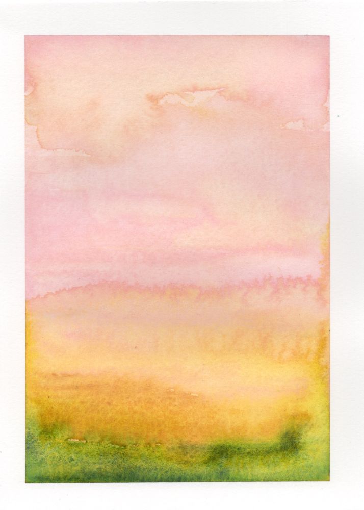 abstract watercolor with pink, green, and golden hues