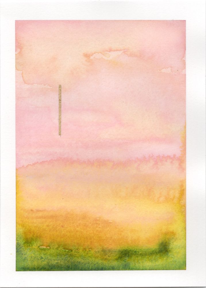 pink and green abstract watercolor with shiny golden vertical line on the mid-right side