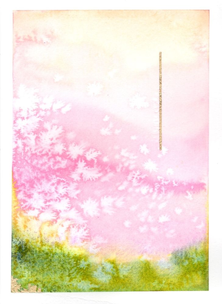 pink/green abstract watercolor with golden accents and "salt snowflakes"
