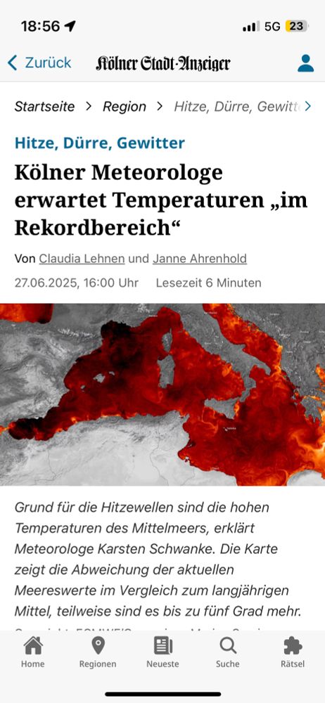 Screenshot eines Artikels vom Kölnerstadtanzeiger. Überschrift: Hitze, Dürre, Gewitter Kölner Meteorologe erwartet Temperaturen im Rekordbereich. 