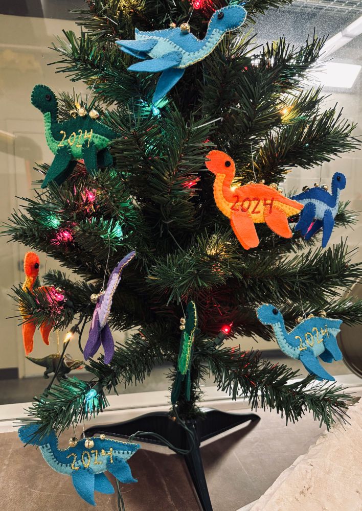 A tiny faux Yule tree with lights decorated with a rainbow of felt plesiosaurs. One side of the ornaments is stitched with "2024". They have black button eyes, and jingle-bells sewn onto their backs.