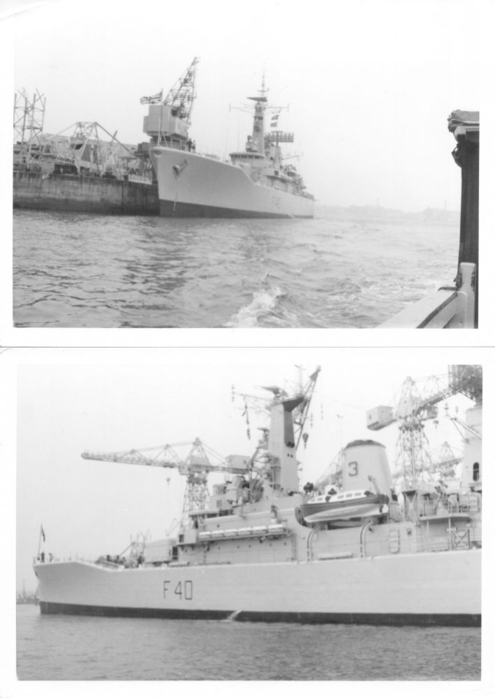 A couple of views Leander-class frigate HMS Sirius docked alongside a quay, taken from a passing harbour tour boat perhaps? Various cranes are visible behind.