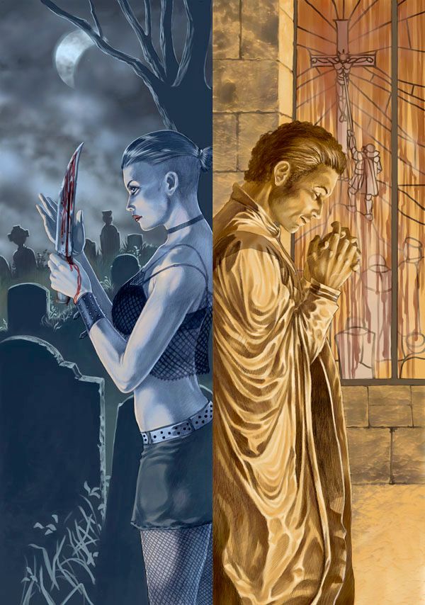 A vampire goth girl in a moonlit graveyard is back-to-back with a priest in an orange-lit church