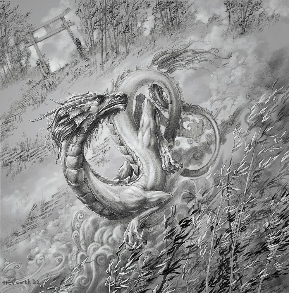 A coiling wind dragon turning amid the bamboo