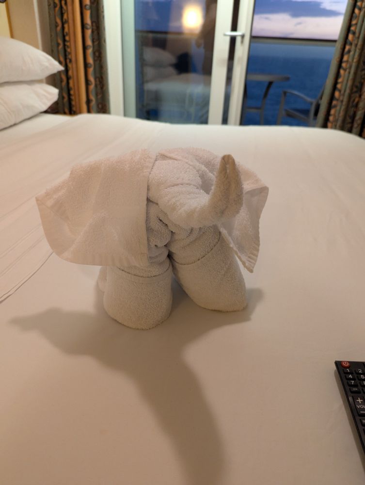 Elephant made out of towels on cruise ship bed.