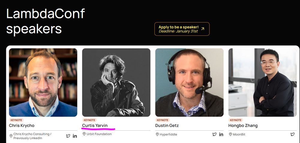 LambdaConf speakers listing Curtis Yavin, the neonazi that got them cancelled in 2016
